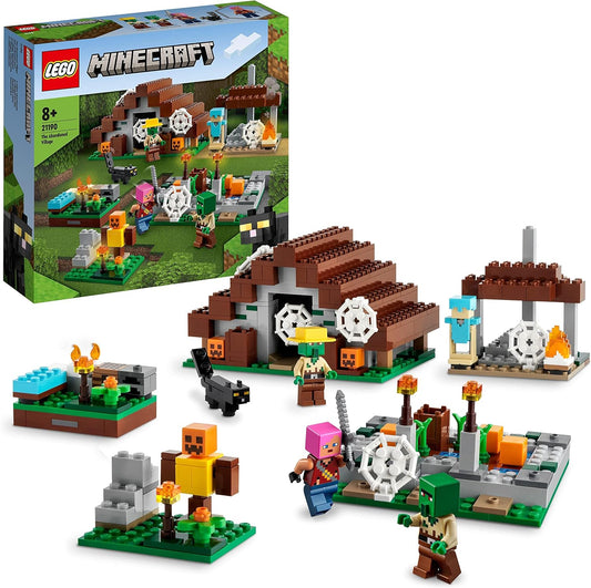 LEGO 21190 Minecraft The Abandoned Village Construction Set com acampamento de caçadores de zumbis, oficina, casa e brinquedo de fazenda, além de figuras de aldeões e gatos