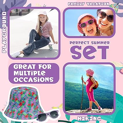 Disney Stitch Gafas de sol y sombrero de cubo Conjunto de accesorios de verano para niñas Ligero Transpirable Talla única Sombrero para el sol 100% Protección UV Gafas de sol para niños Punto de viaje Regalos de vacaciones para niñas