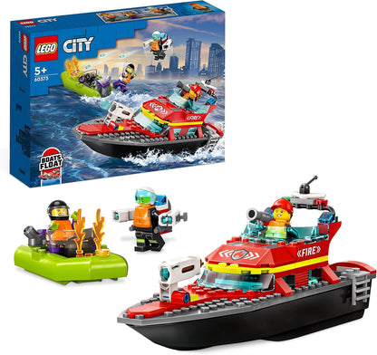 LEGO 60373 City Fire Rescue Boat Toy, flutua na água, com Jetpack, bote e 3 minifiguras, brinquedos de heróis do dia a dia para meninos e meninas com mais de 5 anos