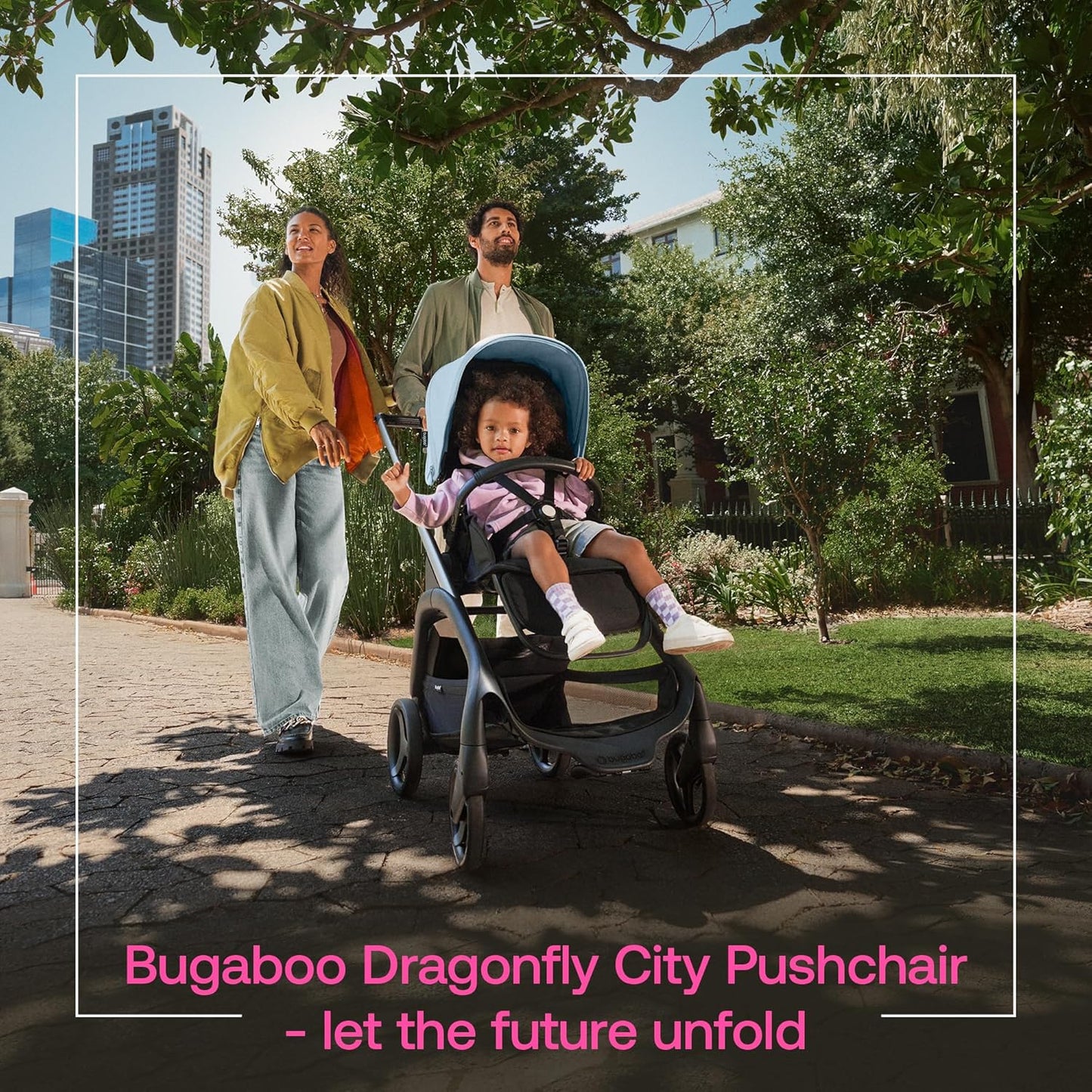 Bugaboo Carrinho de bebê Dragonfly City, carrinho de bebê leve e compacto com dobra fácil com uma mão em qualquer posição, suspensão total, cesta XL sob o assento, chassi de grafite e capota solar Skyline Blue