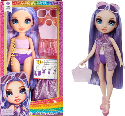 Rainbow High Swim & Style – Violeta (roxo) – Boneca de 28 cm com envoltório cintilante para estilizar mais de 10 maneiras – Maiô removível, sandálias, acessórios divertidos para brincar – Brinquedo infantil – Ótimo para idades de 4 a 12 anos