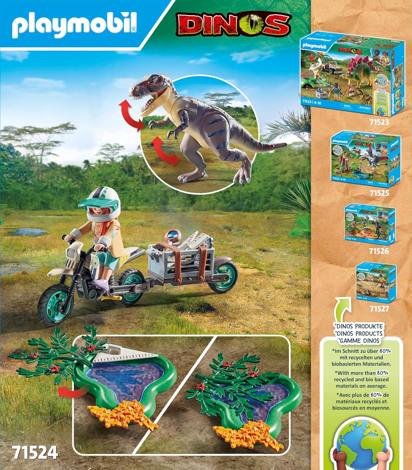 Playmobil 71524 Dinos: T-Rex Trace Path, emocionante busca pelo Tiranossauro Rex, com motocicleta, câmera e ossos de dinossauro reais, conjuntos de jogos sustentáveis adequados para crianças a partir de 4 anos