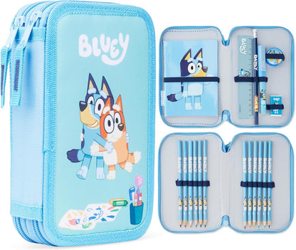 Bluey Kids Estuche Completo con 2 Compartimentos, Papelería Incluida - Material Escolar Primaria