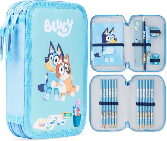 Bluey Estojo de Lápis Cheio para Crianças com 2 Compartimentos, Papelaria Incluída - Material Escolar Primário