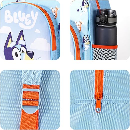 Bluey Mochila infantil premium mochila escolar mochila de viagem meninos meninas com bolso lateral de malha e bolso frontal com zíper