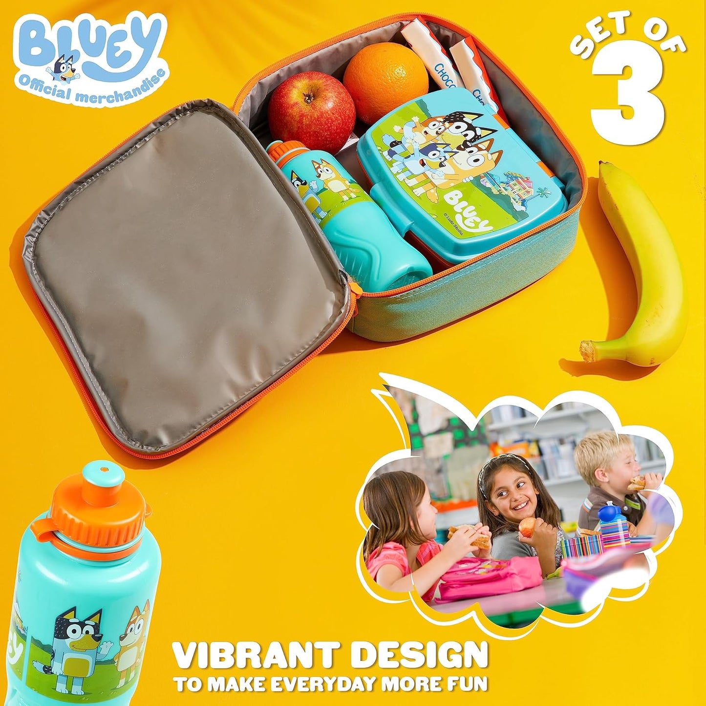 Bluey Conjunto de 3 peças de lancheira com bolsa térmica para lancheira, sem BPA, garrafa de água de 430 ml - para pré-escola, creche, viagens ou passeios de um dia - Conjunto de lancheira infantil