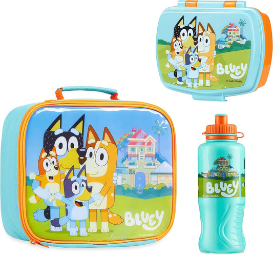 Bluey Conjunto de 3 peças de lancheira com bolsa térmica para lancheira, sem BPA, garrafa de água de 430 ml - para pré-escola, creche, viagens ou passeios de um dia - Conjunto de lancheira infantil