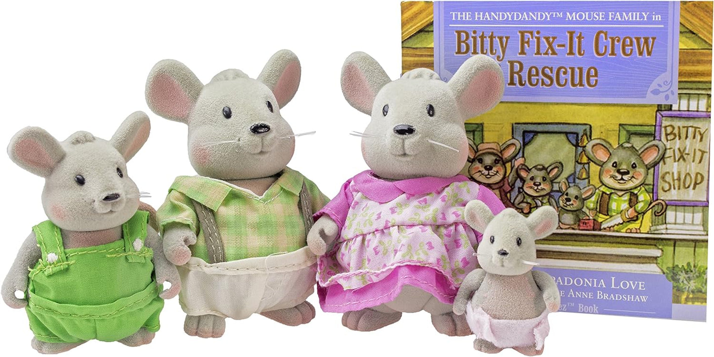 Li’l Woodzeez – Família Handydandy Mouse – Conjunto de brinquedos de 5 peças com estatuetas de animais em miniatura e livro de histórias – Brinquedos e acessórios de animais para crianças a partir de 3 anos