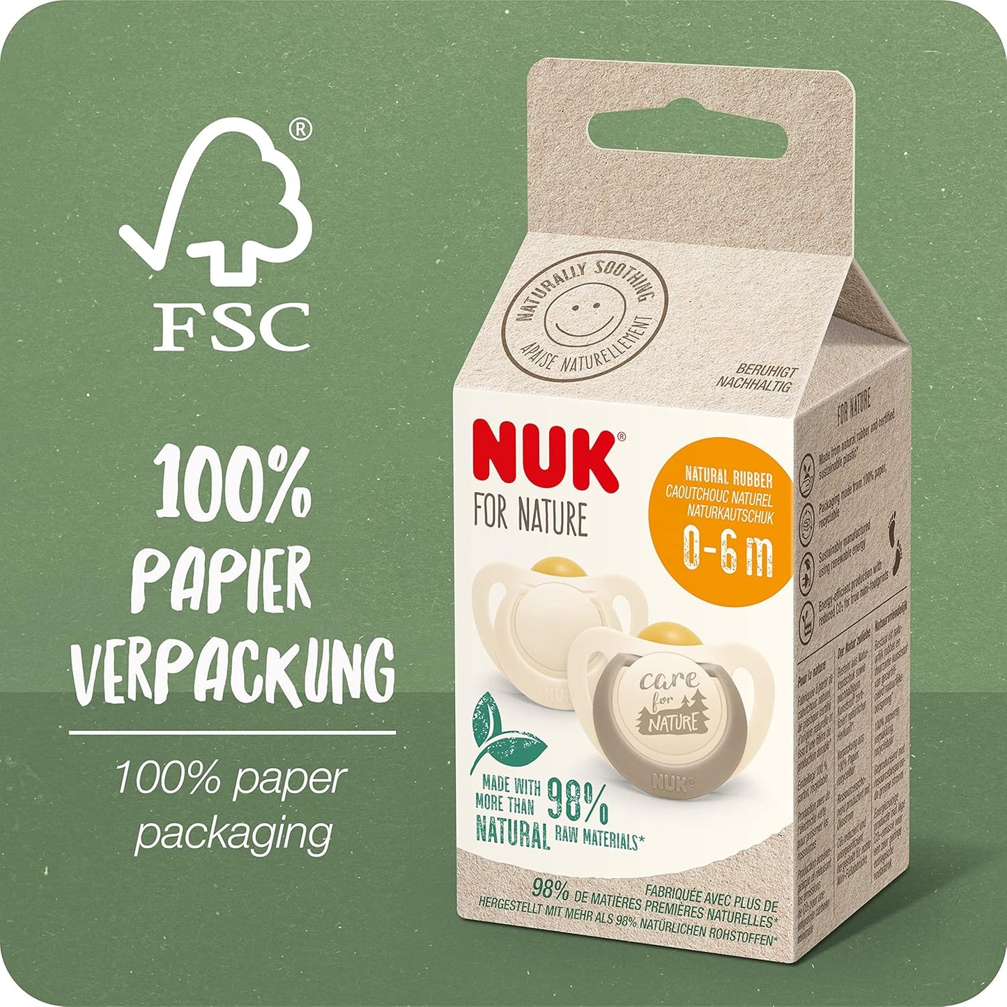 NUK Chupeta de bebê for Nature | 0-6 meses | Chupetas de Borracha Sustentáveis | Mais de 98% de matérias-primas naturais | Esbranquiçado | 2 contagem