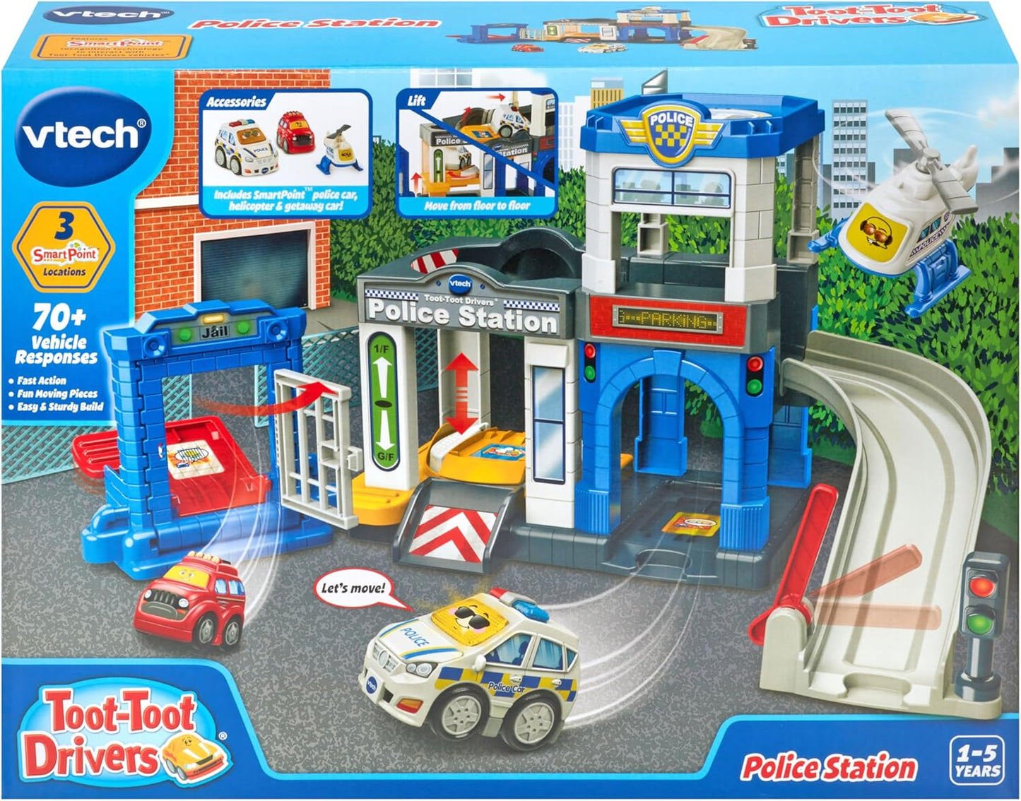 VTech Toot-Toot Drivers Comisaría de Policía, Set de Juguetes para Coche Incluye Coche de Policía, Helicóptero y Coche de Huida, Pistas de Vehículos para Niños Pequeños con Luces y Sonidos, para Niños Pequeños, 12 Meses, 2, 3, 4+ Años Versión en Inglés