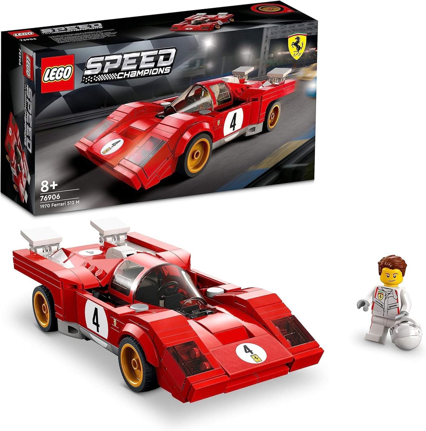 LEGO Speed Champions 1970 Ferrari 512 M Sports Red Race Car Toy, conjunto de construção de modelo colecionável com minifigura de piloto de corrida 76906