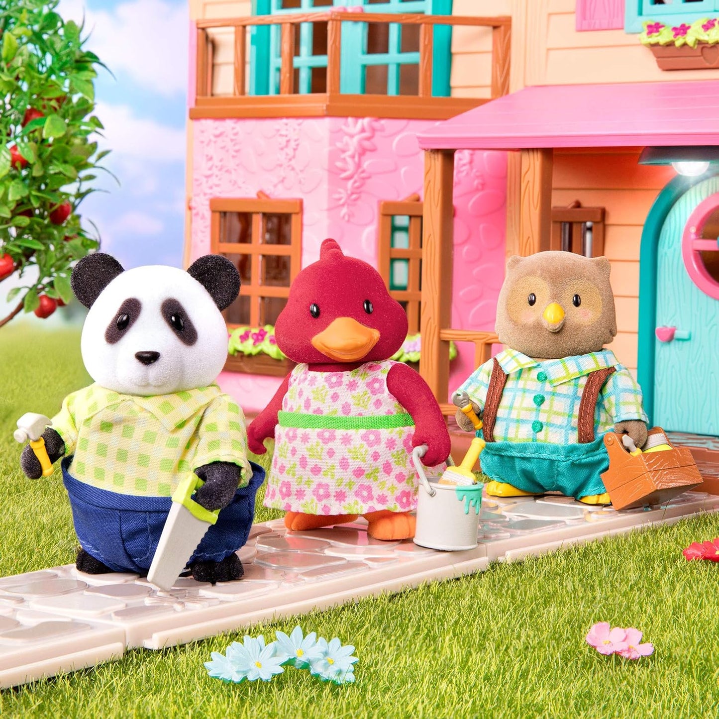 Li'l Woodzeez 6154M Li’l Woodzeez – Família Skyhopper Panda – Conjunto de 5 peças com estatuetas em miniatura e livro de histórias – Brinquedos de animais e acessórios Acc Tiere para crianças a partir de 3 anos, multicolorido