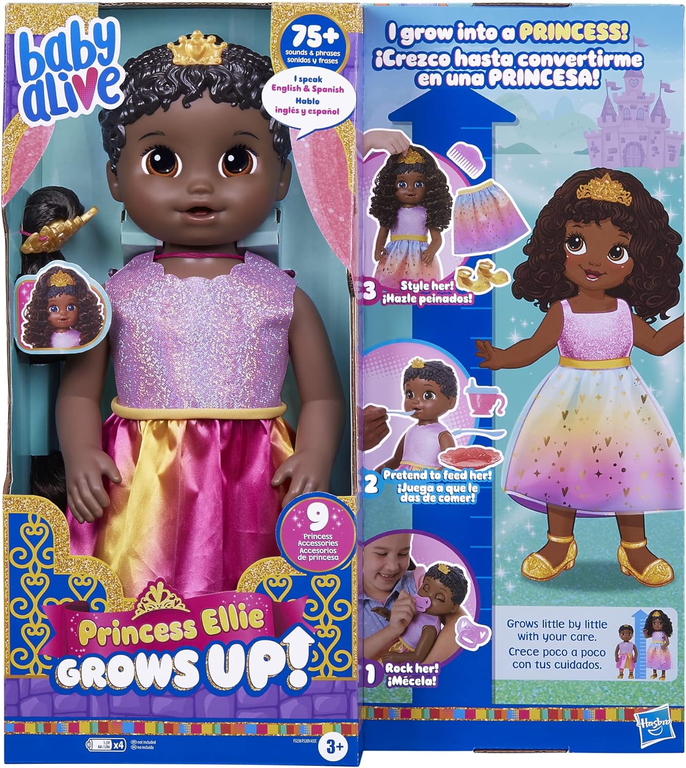 Baby Alive Princesa Ellie cresce! Boneca de cabelo preto, boneca interativa com acessórios, bonecas falantes, brinquedos para meninas e meninos de 3 anos e mais, 18 polegadas