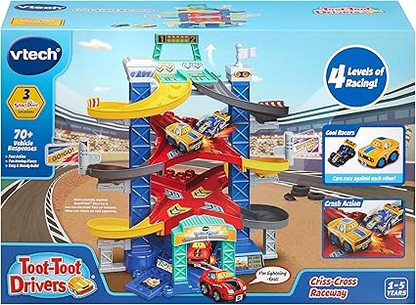 VTech Toot-Toot Drivers Criss-Cross Raceway, juego de coches de juguete con 2 vehículos incluidos, 3 zonas de choque emocionantes, canciones y frases divertidas, juguete interactivo para niños pequeños de 12 meses, 2, 3, 4+, versión en inglés