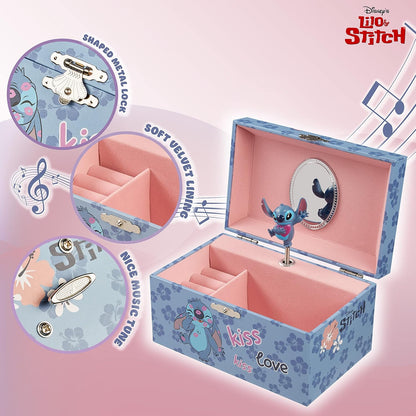 Disney - Joyero Musical Stitch &amp; Angel para Niñas | Licencia oficial | Melodía mágica de cuerda, marioneta giratoria | 18,5 cm largo x 12 cm ancho x 10 cm profundidad, azul, talla única, plástico