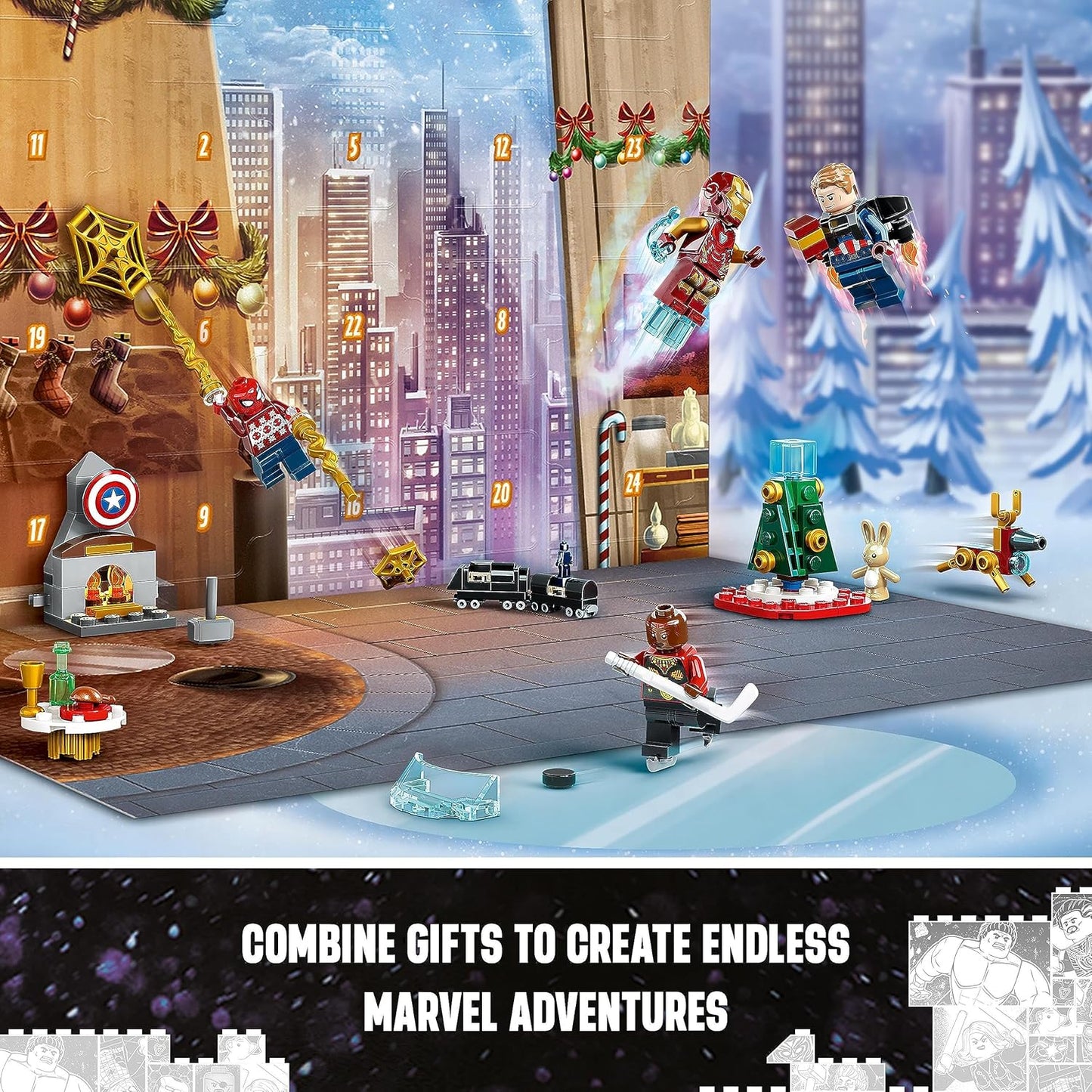 LEGO 76267 Calendário do Advento dos Vingadores da Marvel 2023 com 24 presentes incl. Capitão América, Homem-Aranha, Homem de Ferro e mais minifiguras de super-heróis, presente de contagem regressiva de Natal para crianças