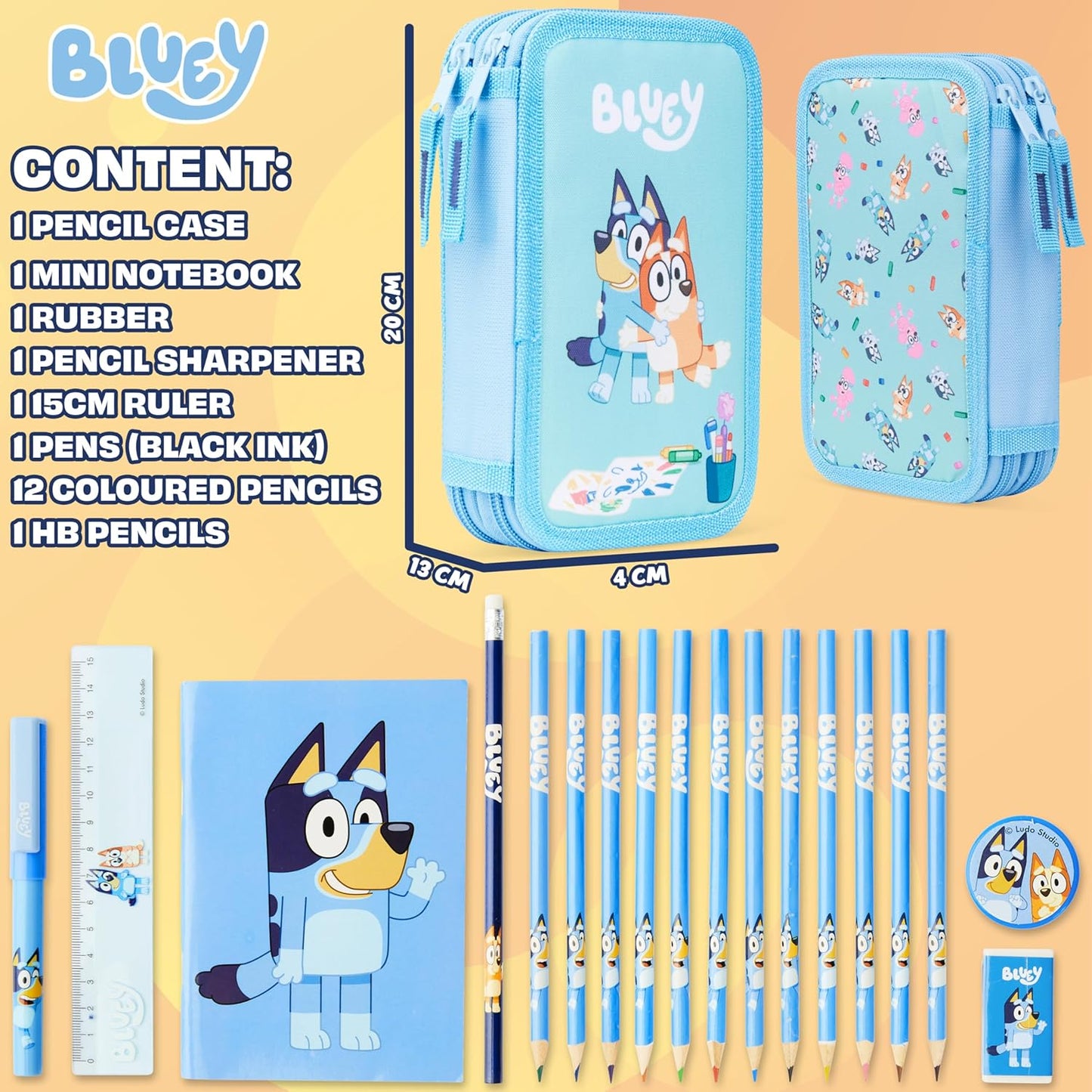 Bluey Kids Estuche Completo con 2 Compartimentos, Papelería Incluida - Material Escolar Primaria