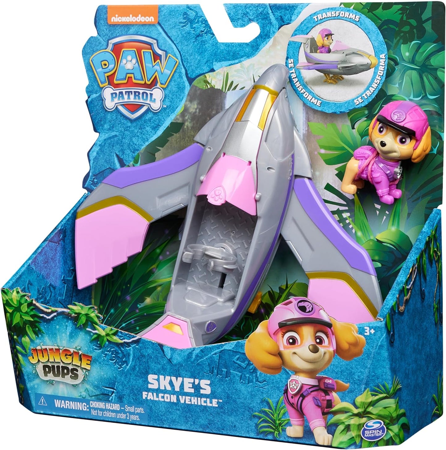 Paw Patrol Jungle Pups, vehículo Skye Falcon, avión de juguete con figura de acción coleccionable, juguetes para niños y niñas de 3 años en adelante