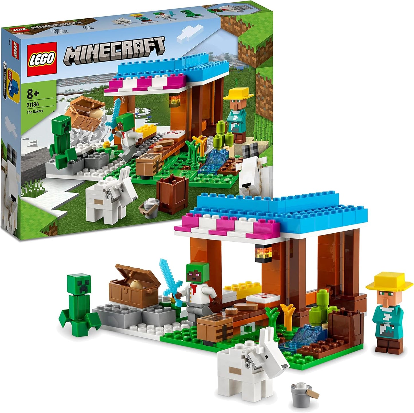 LEGO 21184 Minecraft The Bakery Modular Farm Village Building Set, presente para crianças, meninos e meninas de 8 anos ou mais com espada de brinquedo de diamante, trepadeira e figuras de animais de cabra