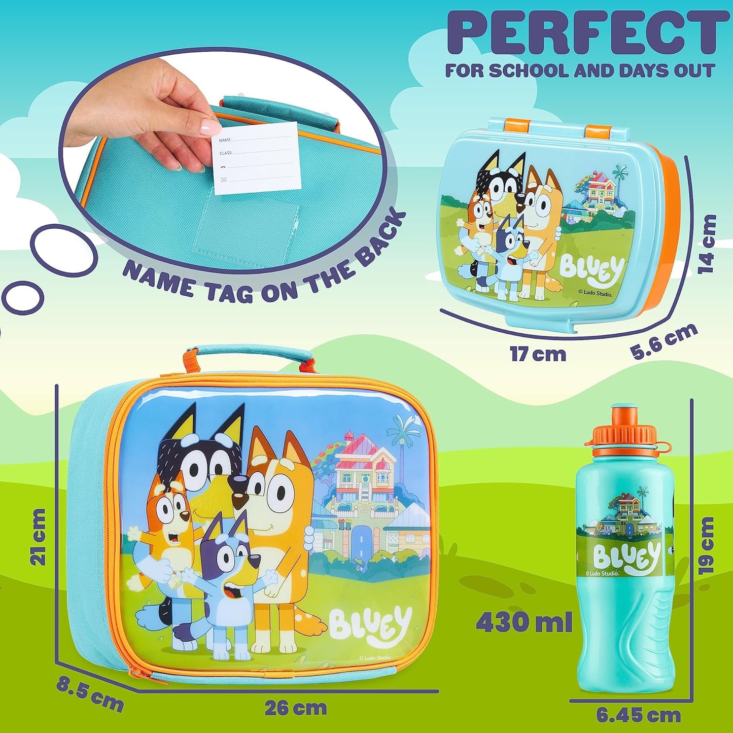 Bluey Conjunto de 3 peças de lancheira com bolsa térmica para lancheira, sem BPA, garrafa de água de 430 ml - para pré-escola, creche, viagens ou passeios de um dia - Conjunto de lancheira infantil