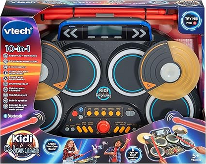 VTech Bateria Kidi DJ, kit de bateria eletrônica iluminada para crianças, com 4 baterias, 2 pratos, baquetas, Bluetooth, modo treinador e muito mais, brinquedo musical para idades de 5, 6, 7 anos ou mais, versão em inglês