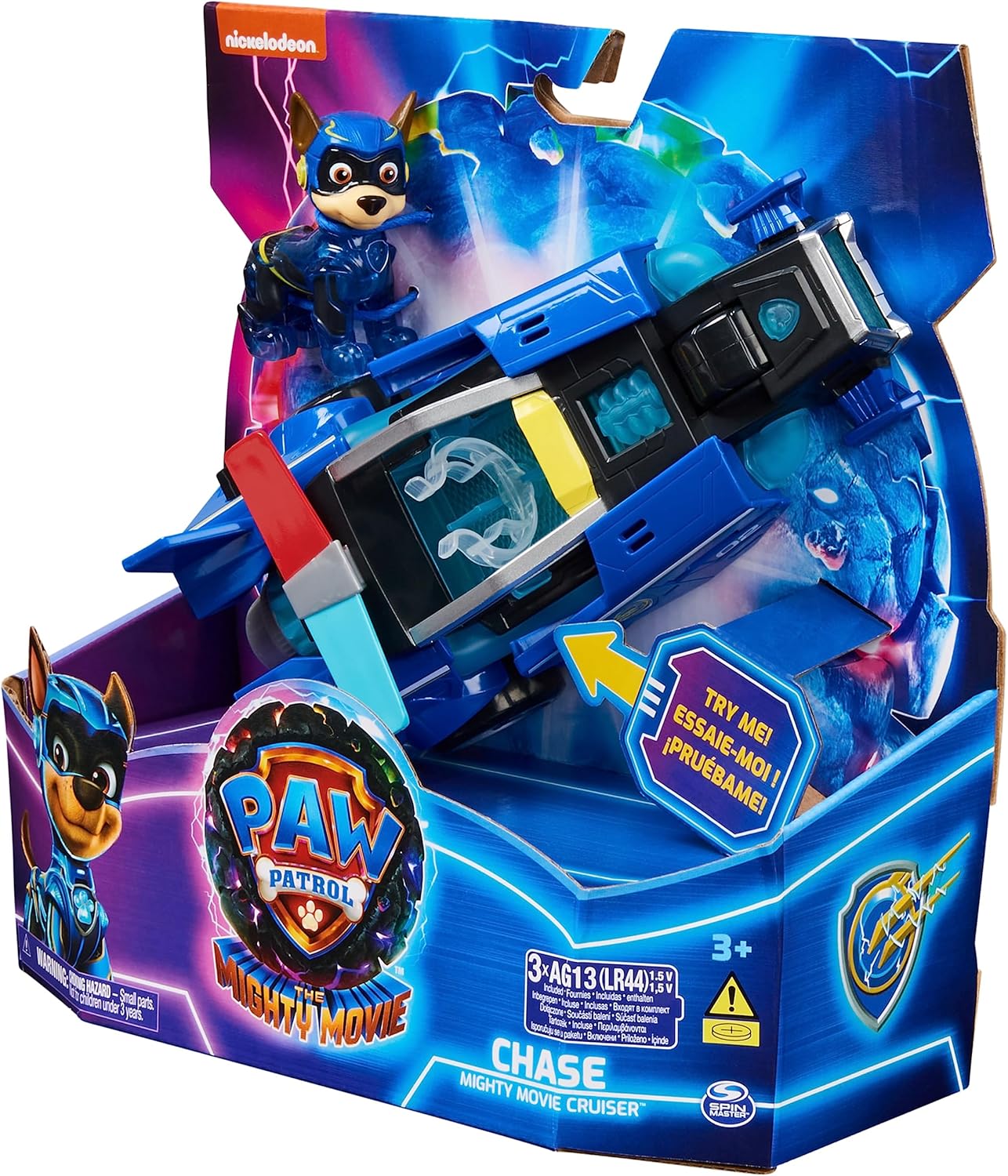 PAW Patrol: The Mighty Movie Toy Car con figura de acción de Chase Mighty Pups, luces y sonidos, juguetes para niños y niñas 3+