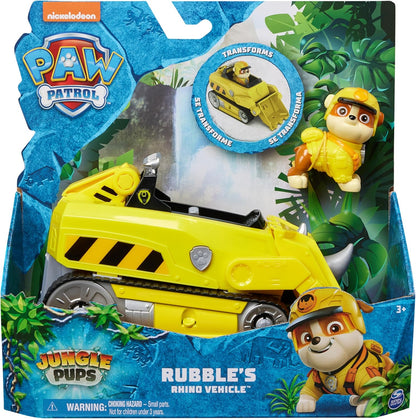 Paw Patrol Jungle Pups, vehículo Rubble Rhino, camión de juguete con figura de acción coleccionable, juguetes para niños y niñas de 3 años en adelante