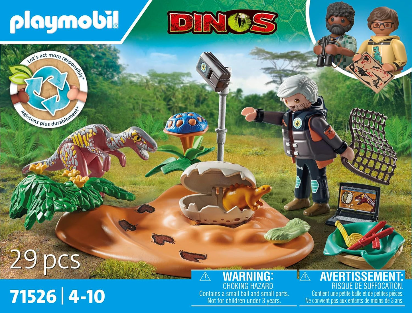 Playmobil 71526 Dinos: Ninho de Estegossauro com Ladrão de Ovos, protegendo os ovos de dinossauro do Velociraptor, incluindo rede, fita métrica e câmera, conjuntos de jogos sustentáveis adequados para crianças a partir de 4 anos