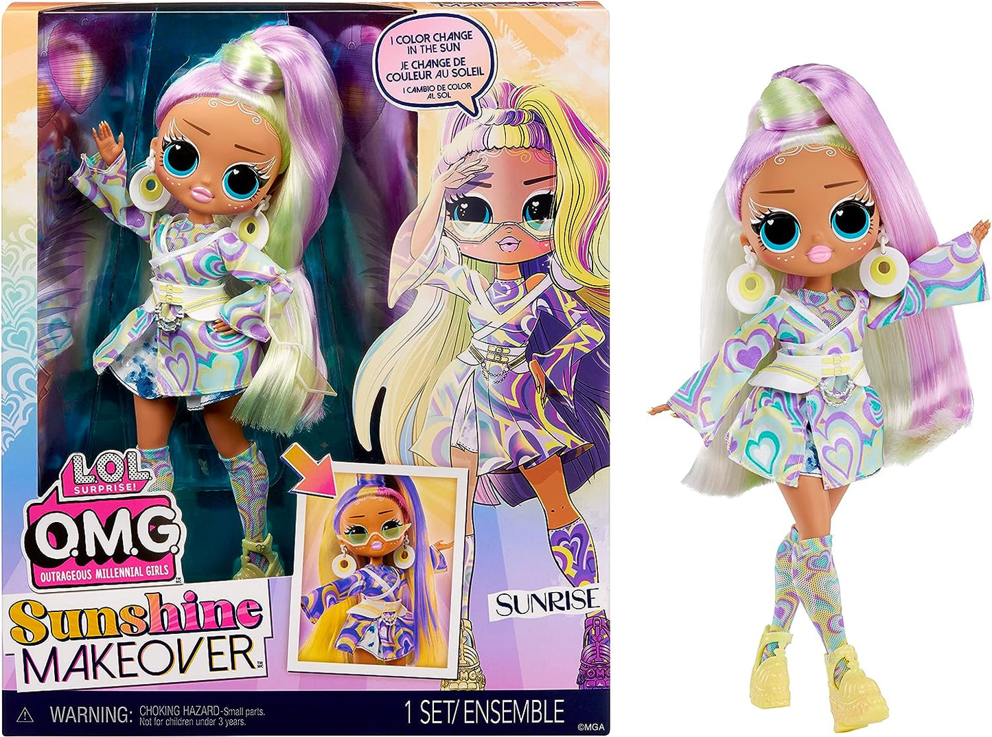 Jajaja ¡Sorpresa! Muñeca de moda OMG Sunshine Makeover - SUNRISE - Cambio de color UV bajo el sol, muchas sorpresas y accesorios fabulosos - Gran regalo para niños de 4 años en adelante