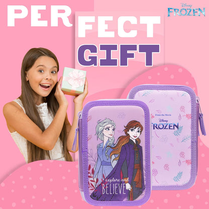 Disney Estojo de Lápis Cheio com Papelaria para Crianças, Material Escolar Lápis de Cor, Marcadores - Presentes para Meninas (Blue Frozen Double Zip)