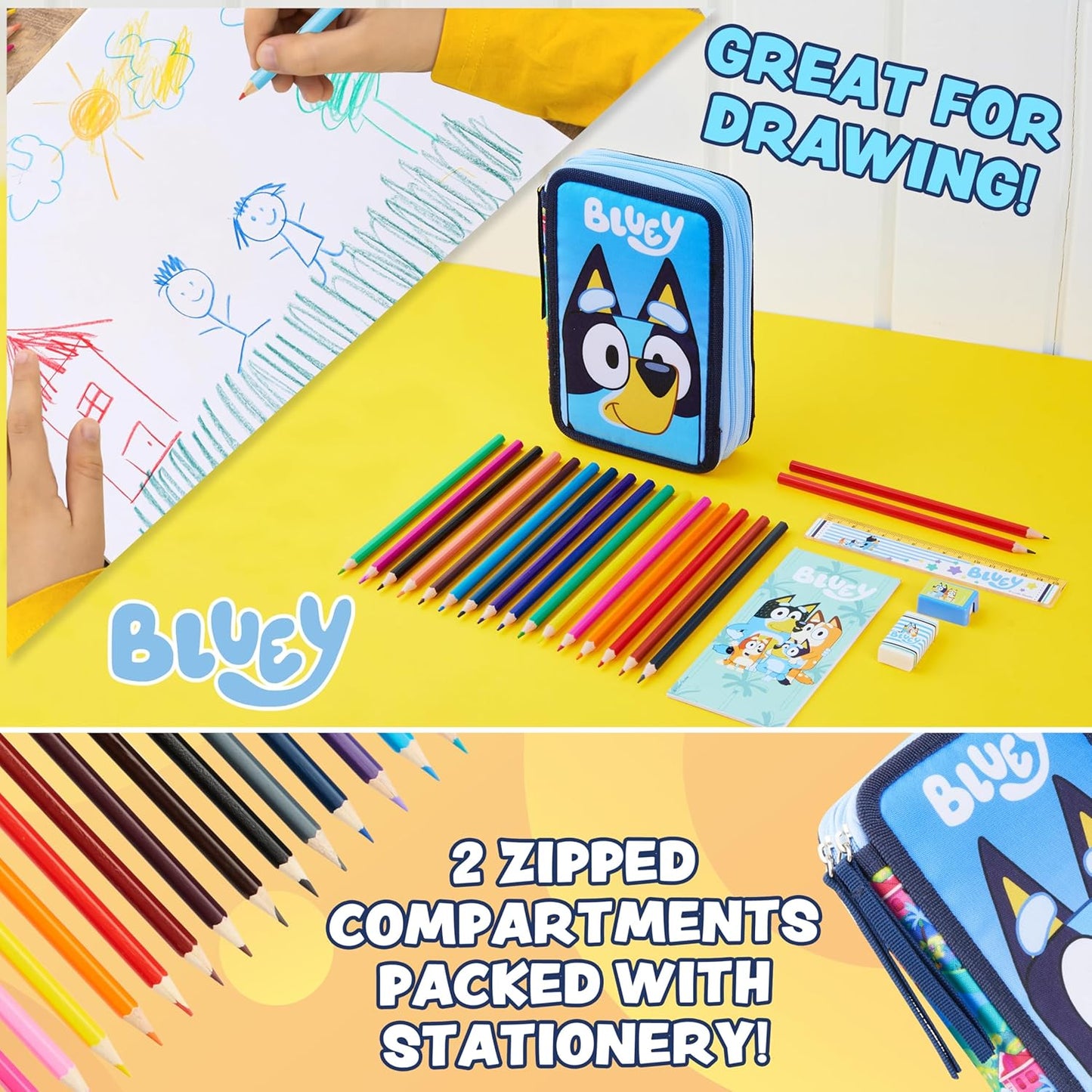 Estuche Bluey lleno de papelería para niños, útiles escolares, lápices de colores, bloc de notas - Regalos para niños