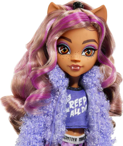 Monster High Boneca e acessórios para festa do pijama, boneca Clawdeen Wolf com cão de estimação crescente, festa Creepover, HKY67