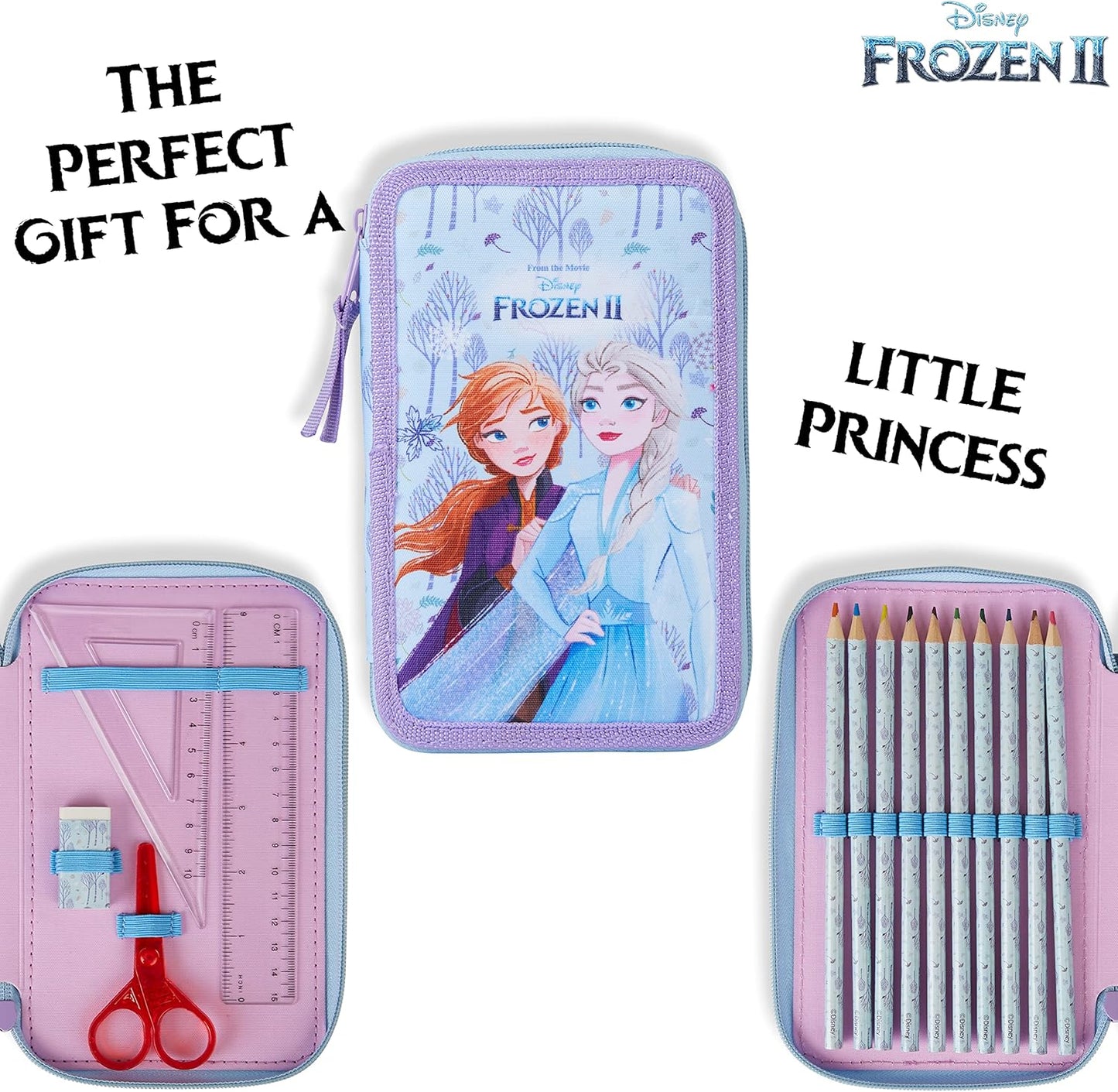 Disney Estojo de Lápis Cheio com Papelaria para Crianças, Material Escolar Lápis de Cor, Marcadores - Presentes para Meninas (Blue Frozen Double Zip)