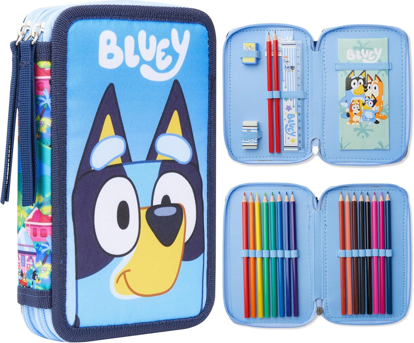 Estuche Bluey lleno de papelería para niños, útiles escolares, lápices de colores, bloc de notas - Regalos para niños