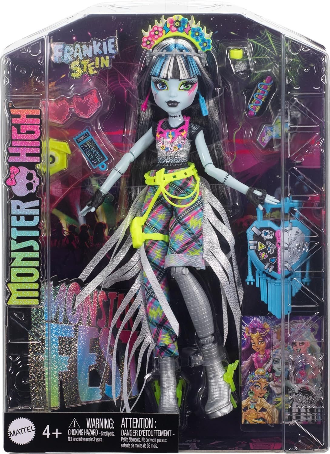 Monster High Boneca Frankie Stein com roupa Glam Monster Fest e acessórios temáticos de festival, como lanches, pôster da banda, bolsa de declaração e muito mais, HXH79