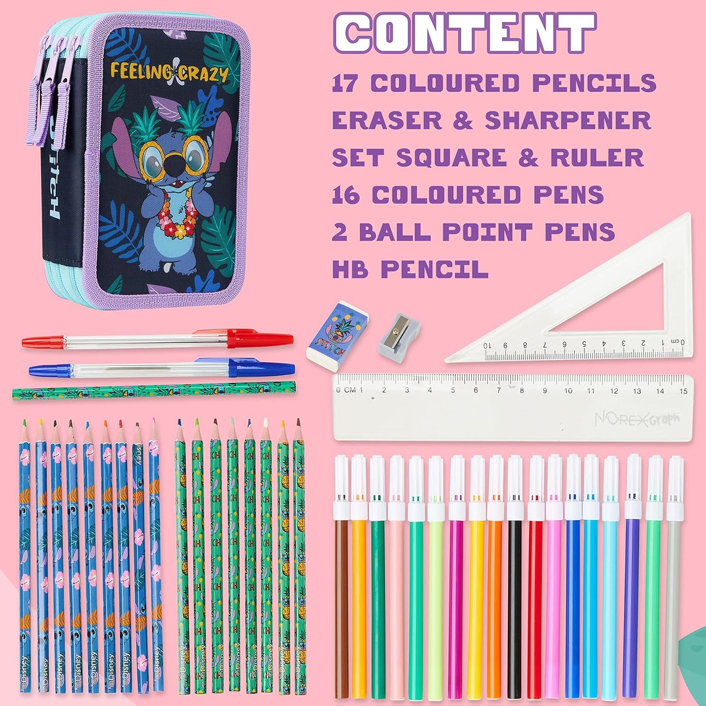 Estuche para lápices relleno de Disney con artículos de papelería para niños, útiles escolares, lápices de colores, marcadores, regalos para niñas (multipunto, triple cremallera)