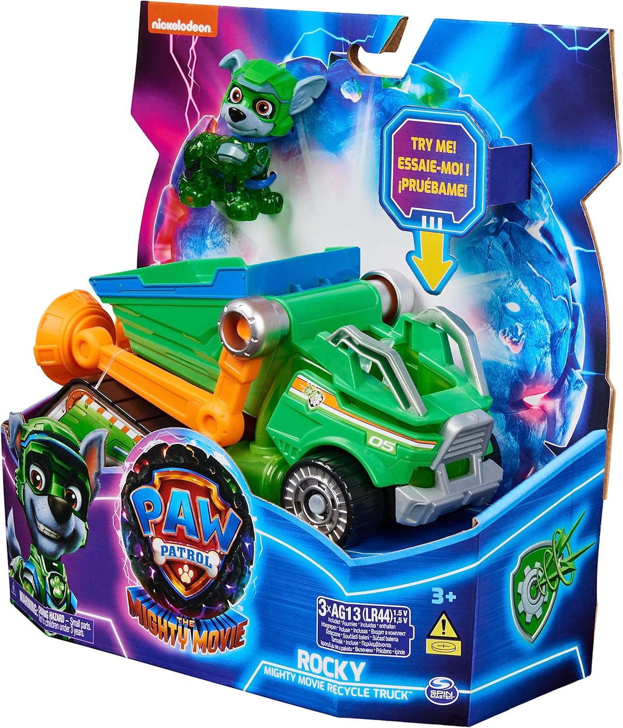 Paw Patrol: Camión de reciclaje de juguetes The Mighty Movie con figuras de acción, luces y sonidos de Rocky Mighty Pups, juguetes para niños y niñas 3+