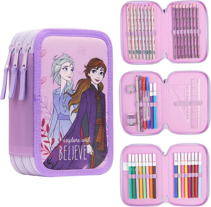 Disney Estojo de Lápis Cheio com Papelaria para Crianças, Material Escolar Lápis de Cor, Marcadores - Presentes para Meninas (Blue Frozen Double Zip)