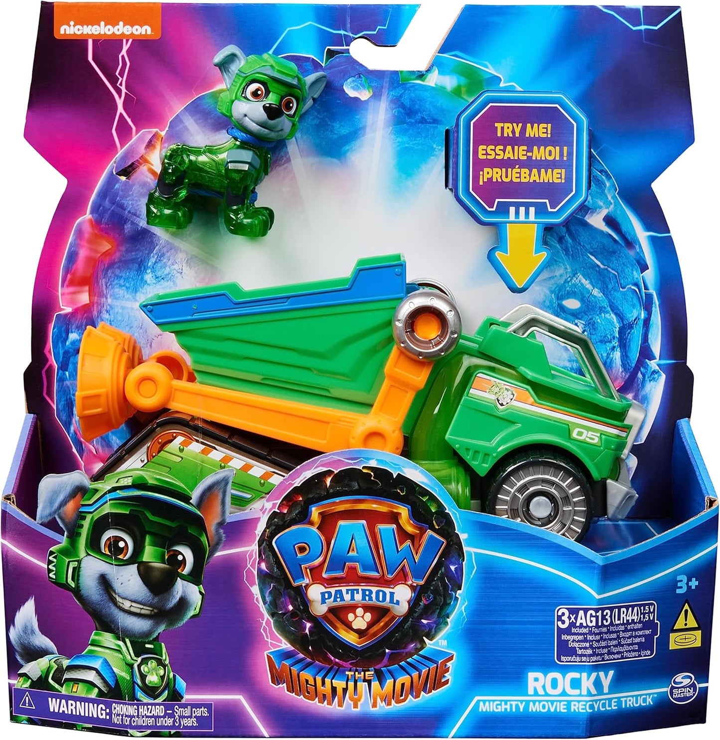 Paw Patrol: Camión de reciclaje de juguetes The Mighty Movie con figuras de acción, luces y sonidos de Rocky Mighty Pups, juguetes para niños y niñas 3+