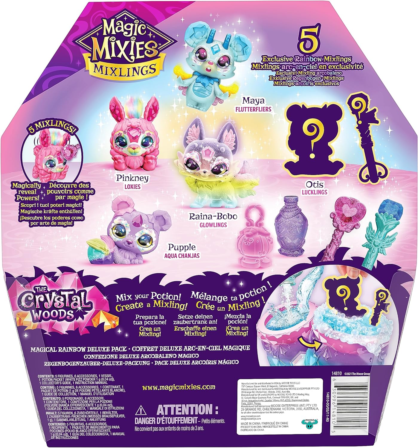 Magic Mixies O pacote Mixlings Magical Rainbow Deluxe contém 5 mixlings exclusivos com um poder mágico de arco-íris exclusivo, incluindo 1 mixling misterioso para revelar de seu caldeirão,