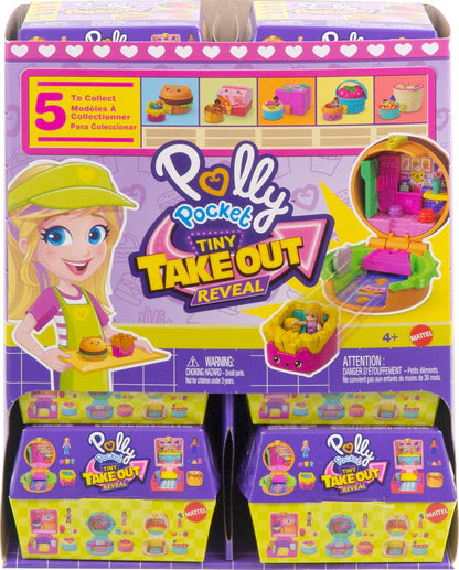 Polly Pocket Micro Dolls e compactos com carros de brinquedo, coleção de veículos com tema alimentar, variedade de revelação de pequenas retiradas com surpresas, JCR44