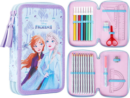 Disney Estojo de Lápis Cheio com Papelaria para Crianças, Material Escolar Lápis de Cor, Marcadores - Presentes para Meninas (Blue Frozen Double Zip)