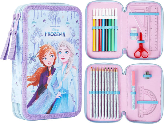 Estuche Disney Lleno de Papelería para Niños, Material Escolar Lápices de Colores, Marcadores - Regalos para Niñas (Doble Cremallera Azul Frozen)