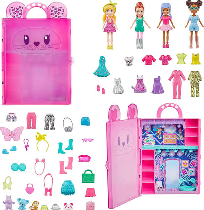 Polly Pocket Conjunto com 4 bonecas, 3 animais de estimação e 50 acessórios de moda, coleção de moda Stylin' Safari, estojo com tema de animais