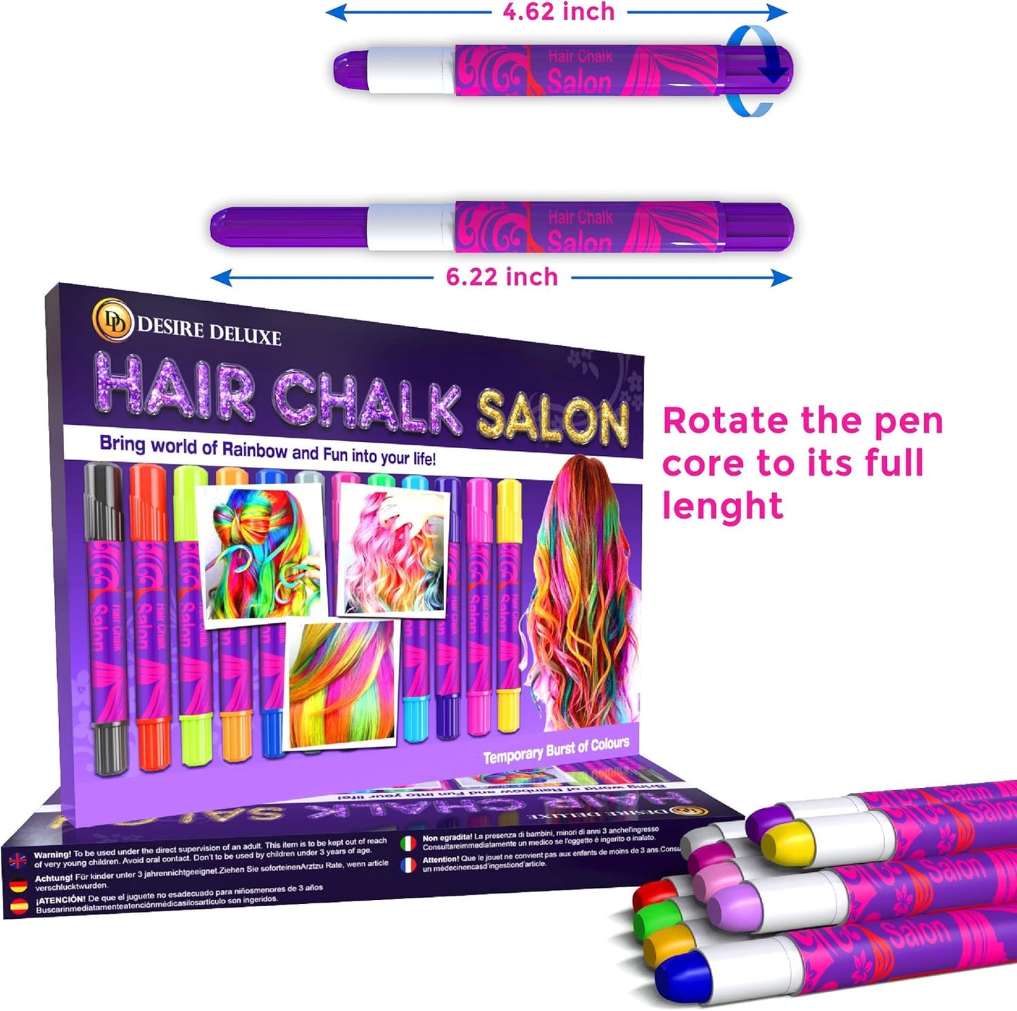 Presente de giz de cabelo deluxe Desire para meninas - 10 tinturas de cabelo temporárias não tóxicas, fáceis de lavar, coloridas, metálicas e com glitter - Great Games Birthday Girls