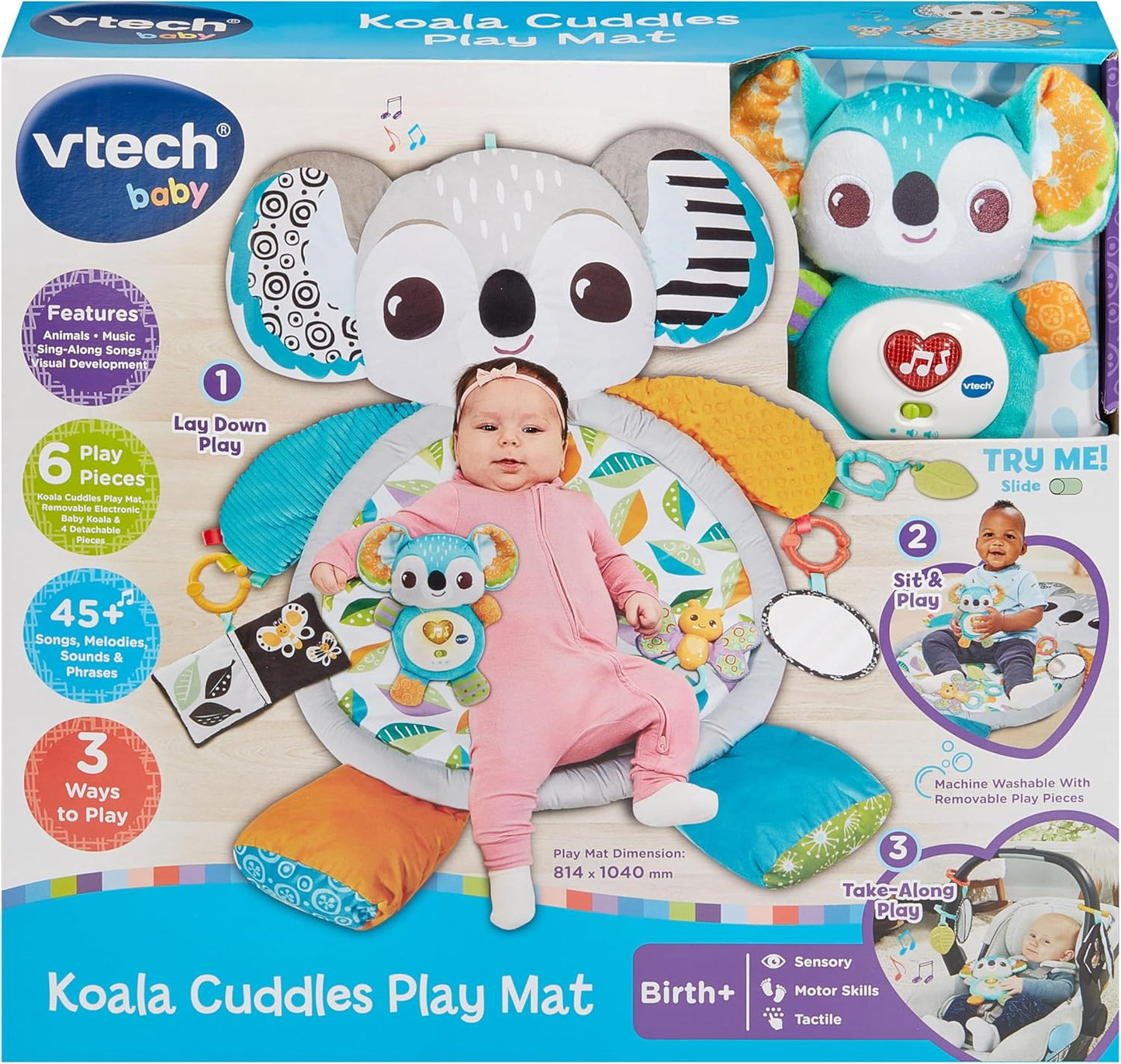 VTech Tapete de brincar Baby Koala Cuddles, tapete de brincar macio para brincadeiras sensoriais, 5 acessórios incluindo mordedor e chocalho, efeitos sonoros e frases divertidas, brinquedo para bebês de 0, 3, 6, 12 meses ou mais, versão em inglês