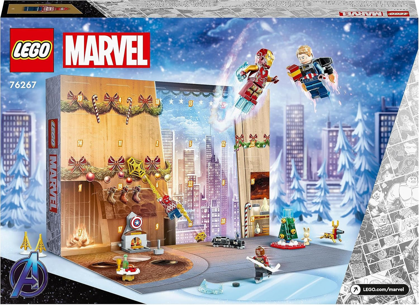 LEGO 76267 Calendário do Advento dos Vingadores da Marvel 2023 com 24 presentes incl. Capitão América, Homem-Aranha, Homem de Ferro e mais minifiguras de super-heróis, presente de contagem regressiva de Natal para crianças