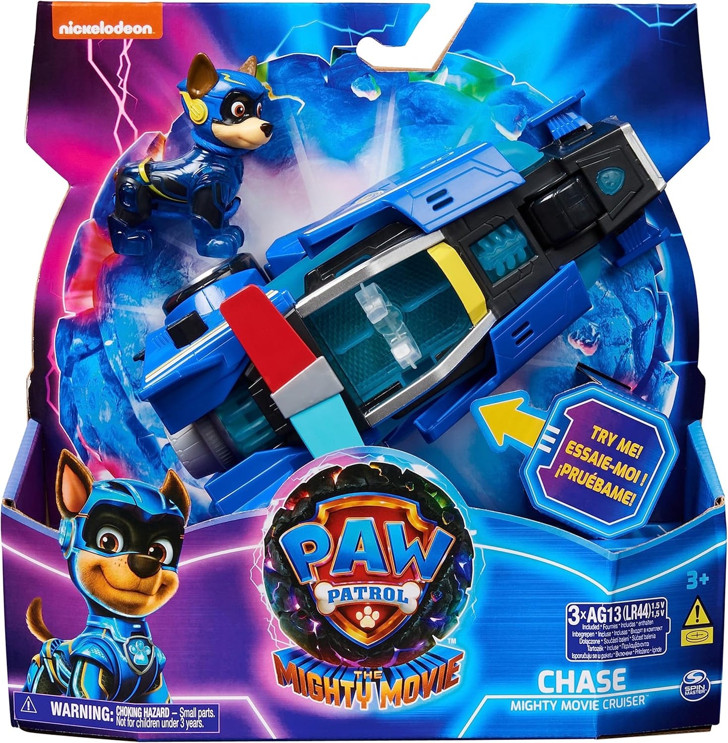 PAW Patrol: The Mighty Movie Toy Car com Chase Mighty Pups boneco de ação, luzes e sons, brinquedos infantis para meninos e meninas 3+