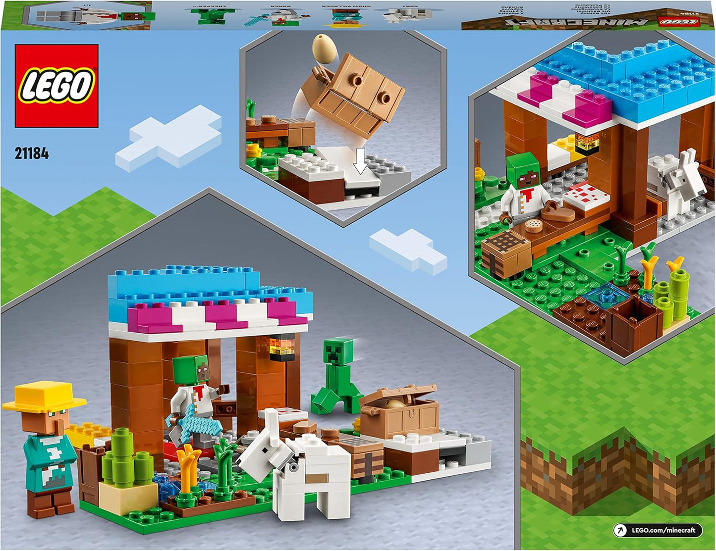 LEGO 21184 Minecraft The Bakery Modular Farm Village Building Set, presente para crianças, meninos e meninas de 8 anos ou mais com espada de brinquedo de diamante, trepadeira e figuras de animais de cabra