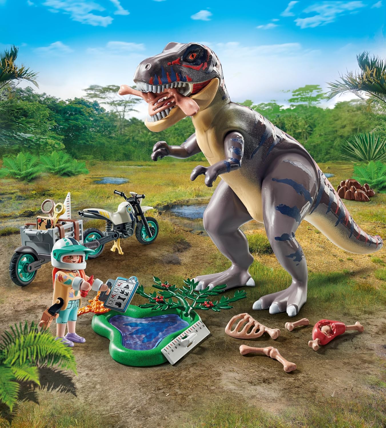 Playmobil 71524 Dinos: T-Rex Trace Path, emocionante busca pelo Tiranossauro Rex, com motocicleta, câmera e ossos de dinossauro reais, conjuntos de jogos sustentáveis adequados para crianças a partir de 4 anos